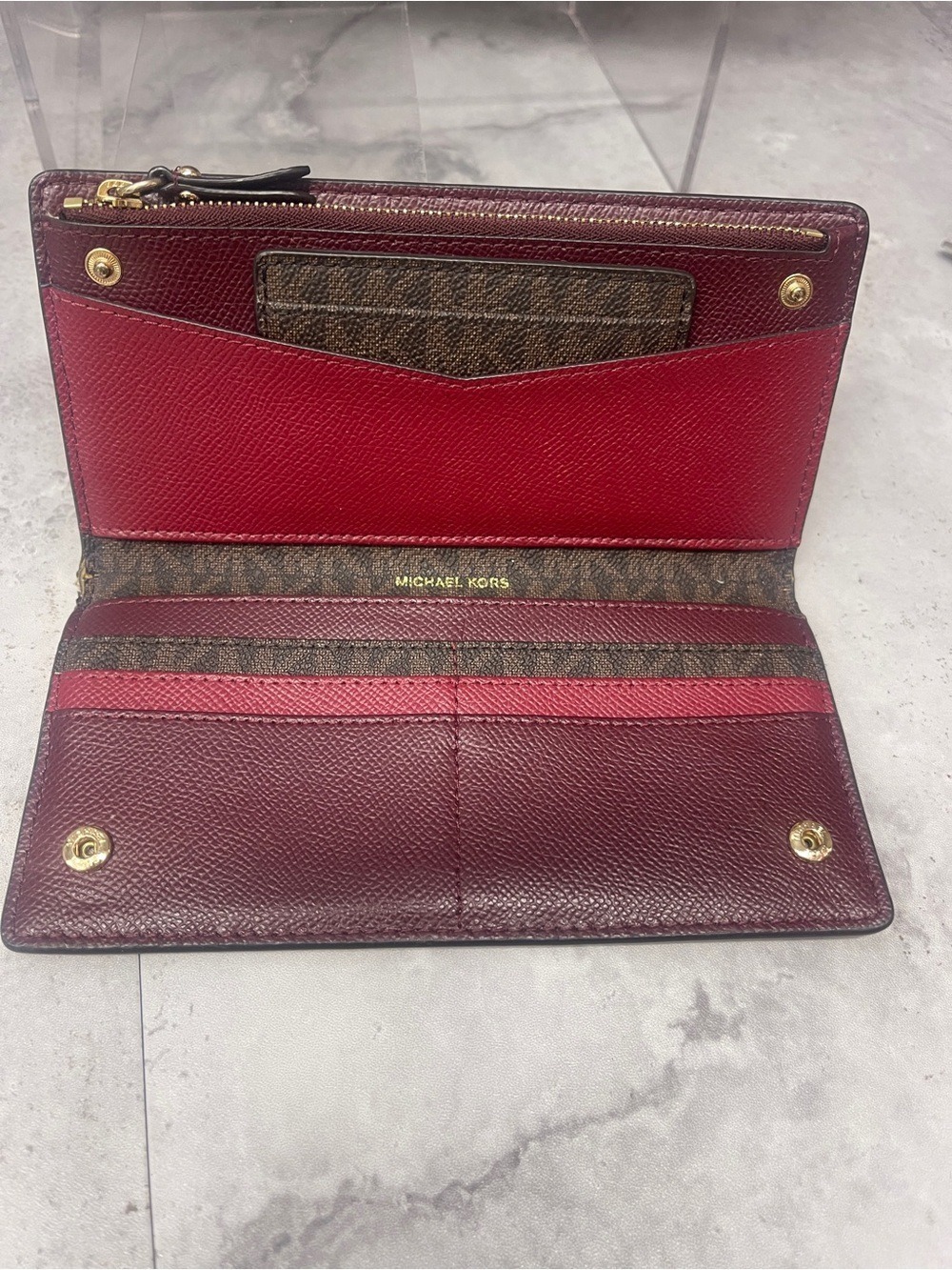 Michael Kors Kimberly Brown/Red Large Satchel & Matching Wallet Merlot Multi - Picture 11 of 14